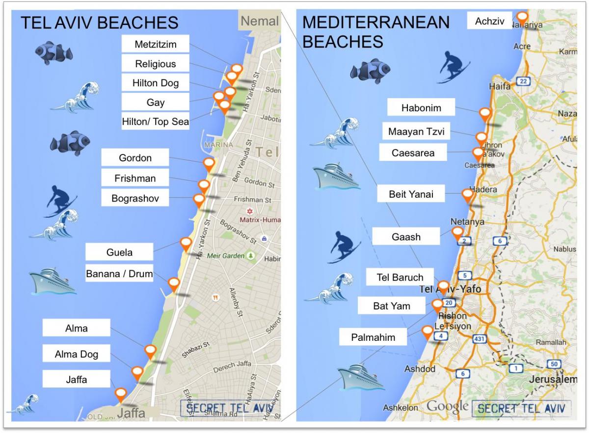mapa plaż w Tel Awiwie
